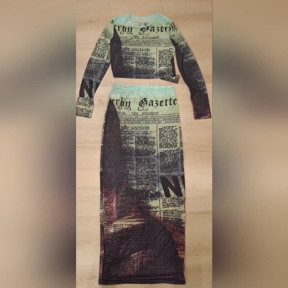 SHEIN Mint and Black Sheer Newspaper-Print Crop Top & Maxi Skirt Set